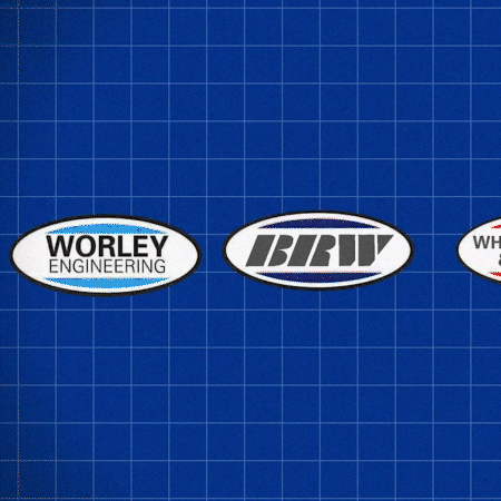 Animated image showing merging of multiple logos to form WorleyParsons logo.