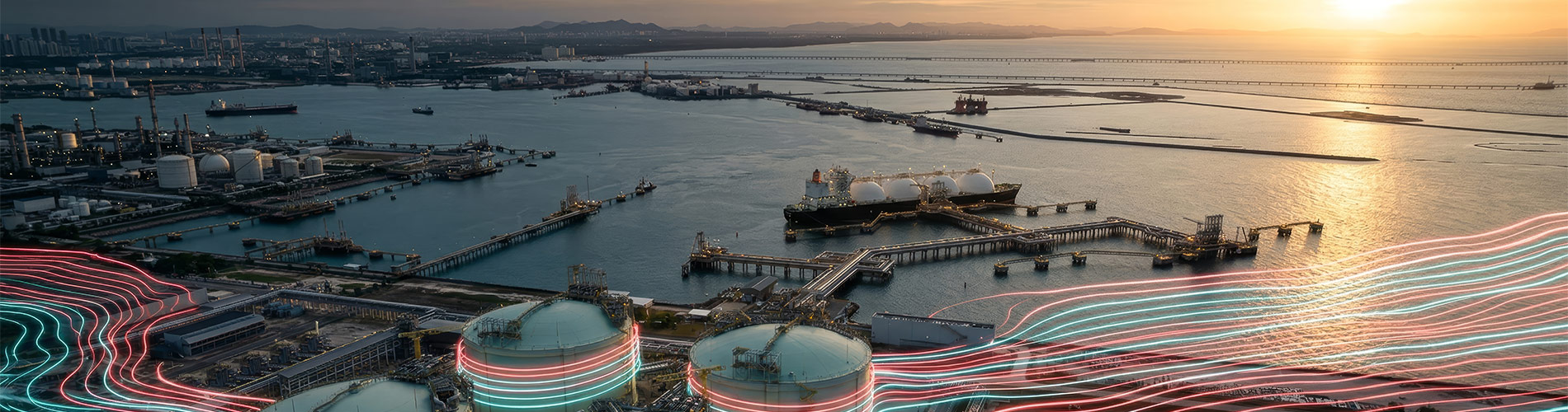 Aerial view of LNG ship at port.