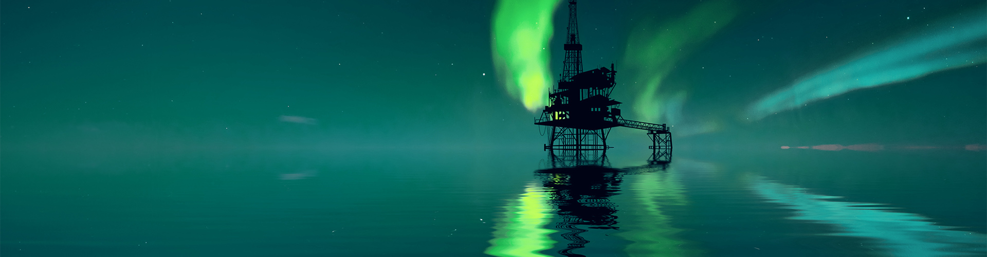 Offshoire oil platform in front of the green Northern Lights.
