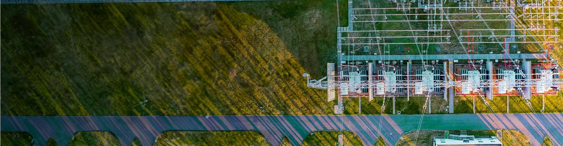 Aerial view of an electrical substation.