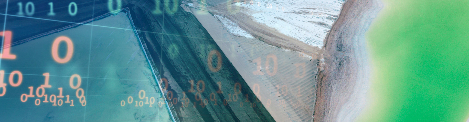 Aerial view of a lithium mine with an overlay of digits.