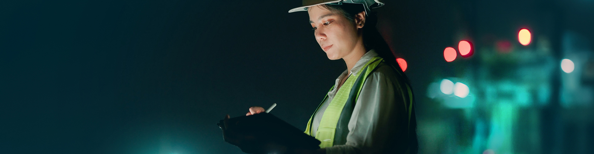 Woman wearing a hardhat writing on a tablet. 