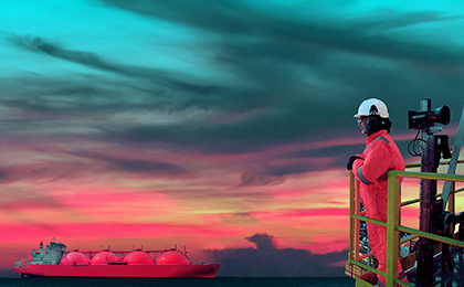 Person in PPE standing by the rail of an offshore oil platform looking out to sea.