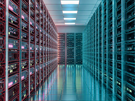 Rows of data centre servers.