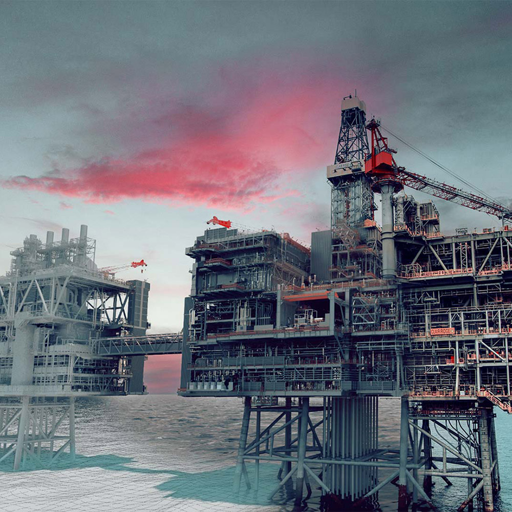 Digital twin next to an offshore oil platform.
