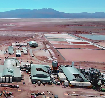 Aerial view of Rincon's Argentina lithium mine with brine pools and buildings.