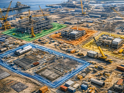 Aerial view of large construction site.