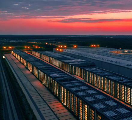 Aerial view of large data center site with orange sky.