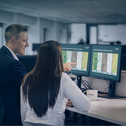 Two Worley people together looking at computer screens.