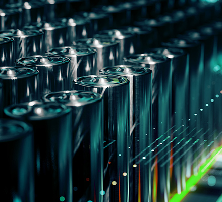 Rows of solid lilthium batteries with lights overlaid.