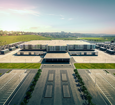 Large data centre complex with electrical infrastructure.