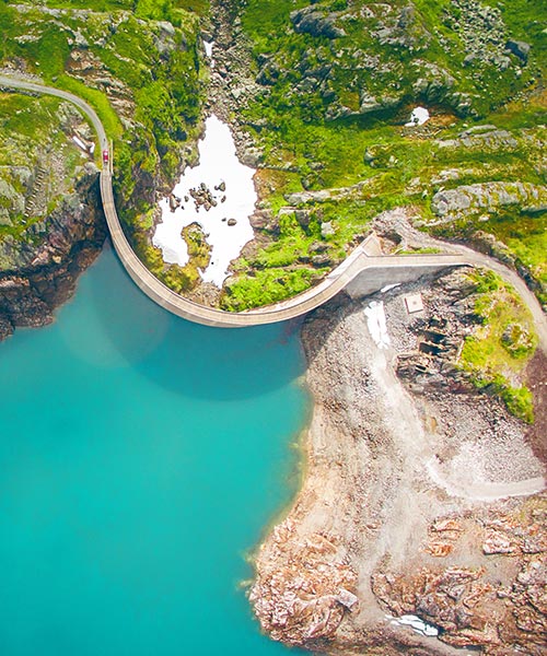 Aerial view of a hydroelectric power station.