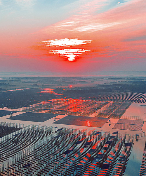 Aerial view of a large solar energy plant.