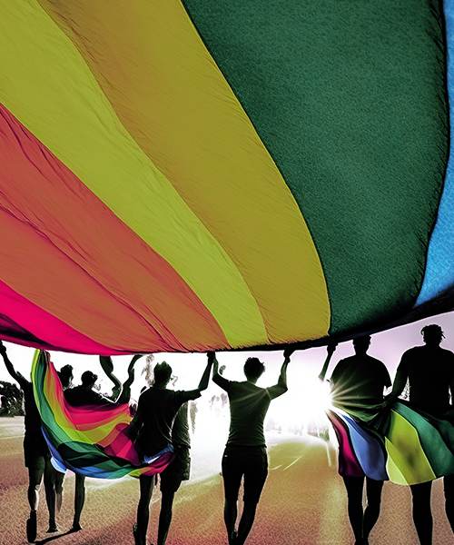 Row of people holding up a big rainbow coloured flag.