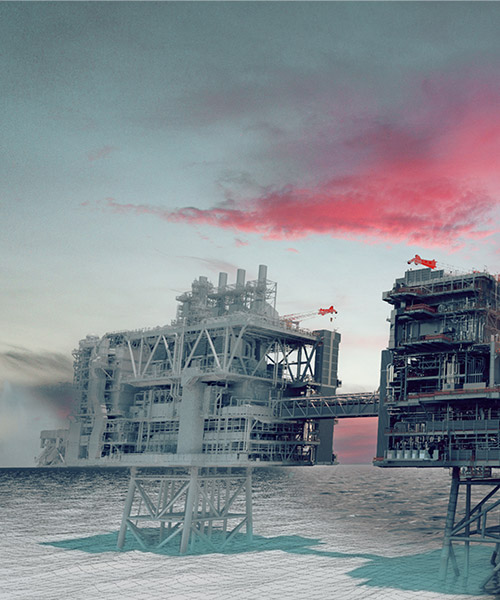 Digital twin next to an offshore oil platform.