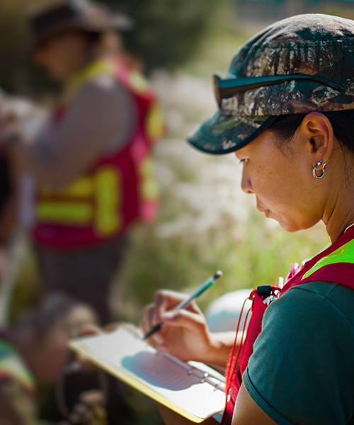 Three people working outside in the grass writing notes on paper.