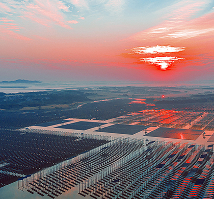 Aerial view of a large solar energy plant.