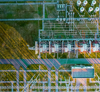 Aerial view of an electrical substation.
