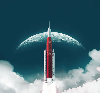 Rendering of a rocket flying through clouds with the moon in background.