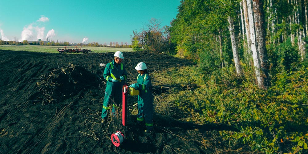 Two people wearing PPE working on soil with machinery next to a forest.