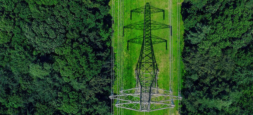 Aerial view of an electrical tower casting a shadow on a strip of land in the middle of a forest.
