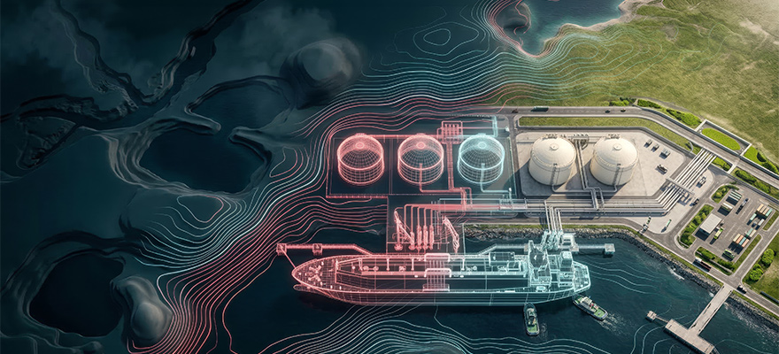 Coastal energy infrastructure with digital overlay.