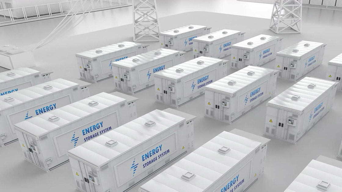 3D rendering of rows of energy storage containers.