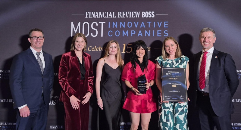 Worley representatives holding awards at the 2026 AFR Most Innovative Companies ceremony.