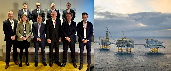 Left: group of people from Equinor and suppliers. Right: offshore platform in the Johan Sverdrup field.