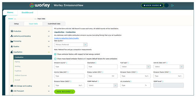 Screenshot of the Worley EmissionsView platform interface used to input operational data and screen methane and greenhouse gas emissions.