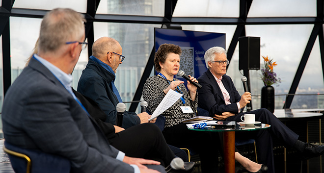 Emma Cox speaking in the panel at the UK Breakfast Briefing.