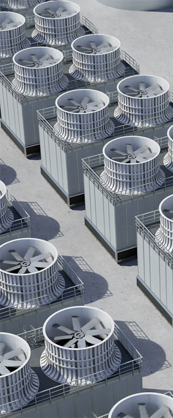 Rows of industrial cooling units with large circular fans.
