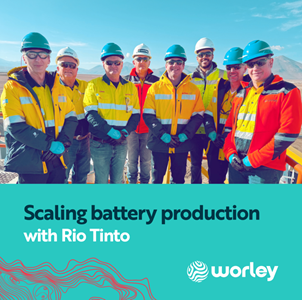 Group of 8 Worley and Rio Tinto people standing together in the lithium mine.