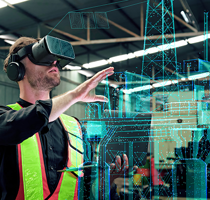 Person wearing a VR headset interacting with a virtual offshore oil rig.
