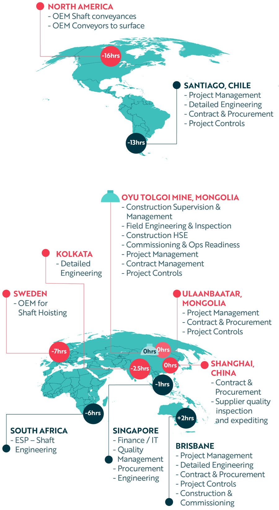 World map showing work done on Worley's Oyu Tolgoi job by people in different time zones.