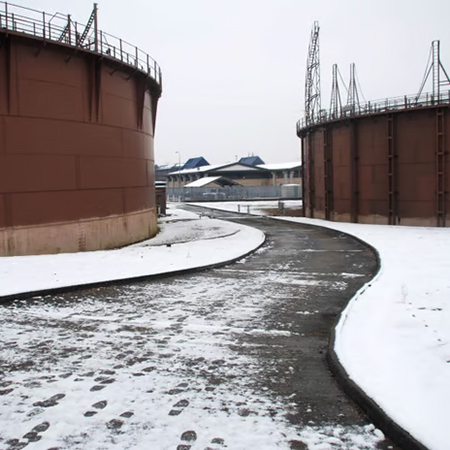 Curved paved path covered with snow between two large rusty gasometers at an industrial site.